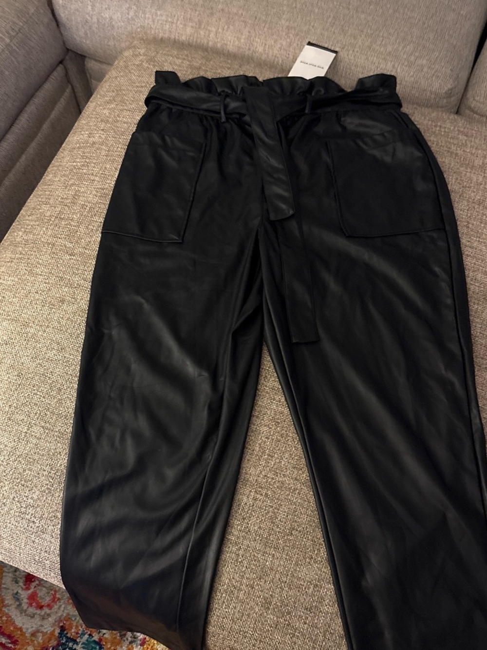 Who What Wear Black Faux Leather Paperbag Pants